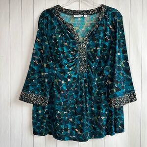 Susan Graver plus size 1X blouse liquid knit teal polka dots ruched 3/4 sleeve